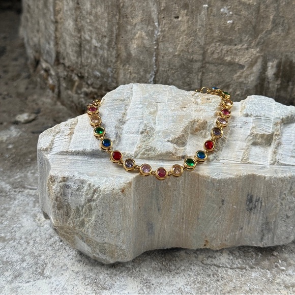 18K Gold Plated Multicoloured Tennis Bracelet*Colorful Rainbow Tennis Bracelet - Picture 2 of 4